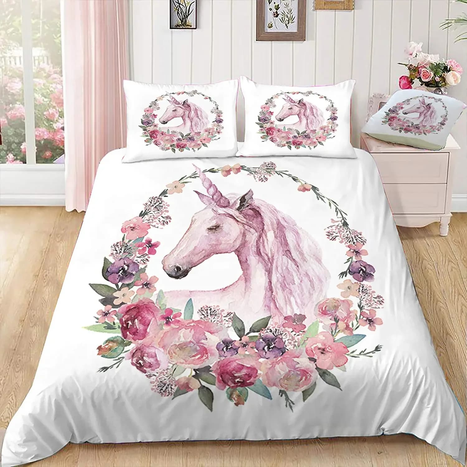 Set copripiumino con fiori di unicorno rosa Copripiumino king size matrimoniale in poliestere con federa per set biancheria da letto per ragazze per bambini