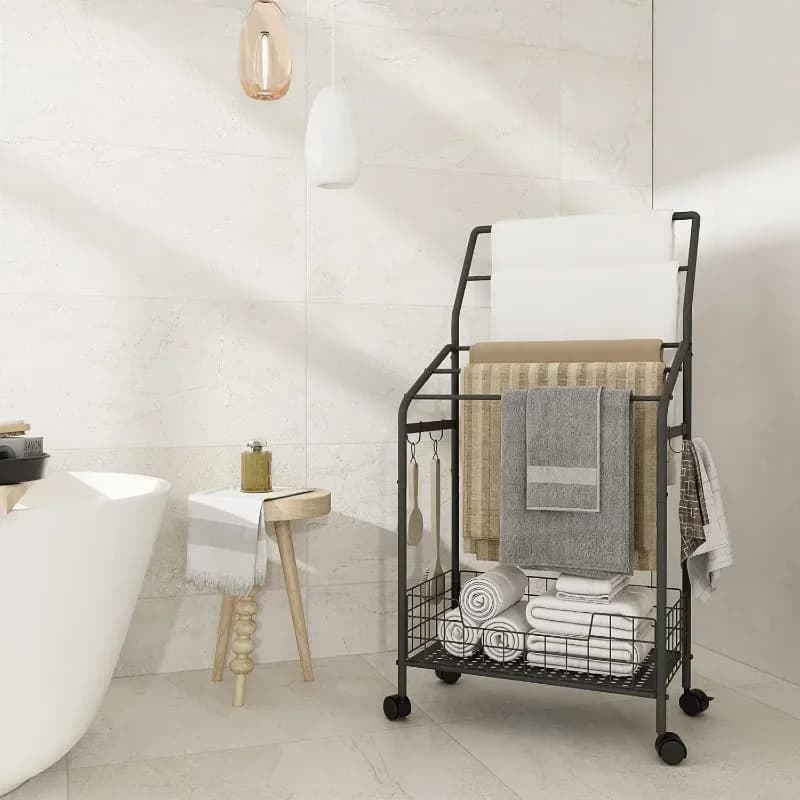 Floor bath organizer Multifunctional towel rack with hooks for storing bathrobes/dresses Metal garment shelf
