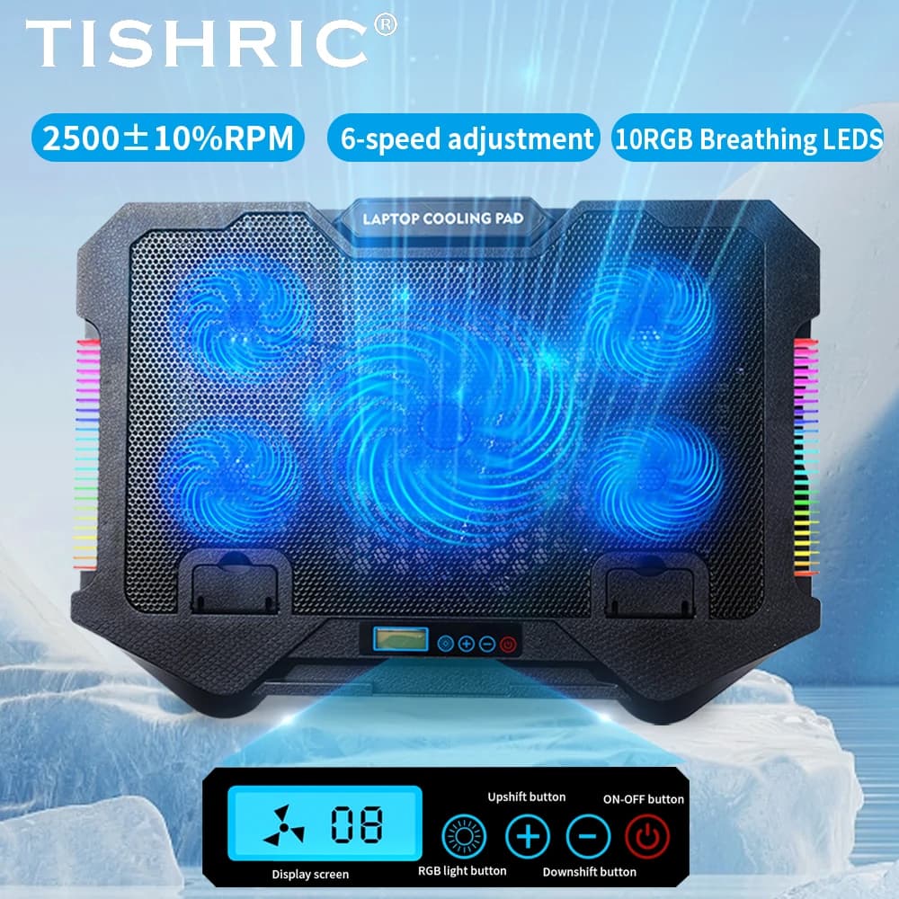 TISHRIC Laptop Cooler Heat Sink Stand Holder 10RGB Breathing Style LEDS Five Fan Speed Regulation For 12-17 Inch Notebook Cooler