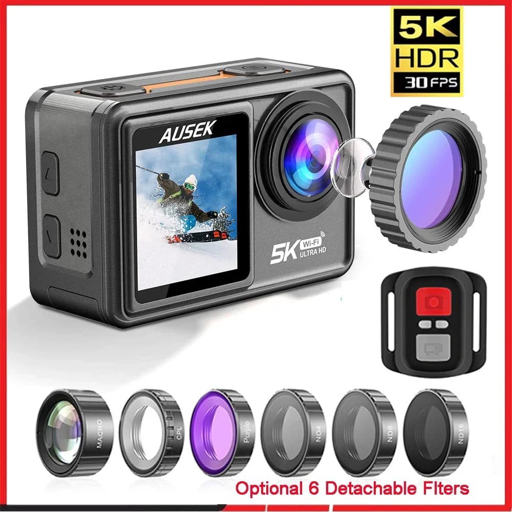 AUSEK M81TR Action Camera 5K 4K60FPS 50MP DVR EIS with Optional Filters, Zoom 5X, Pre-registration, Webcam 1080P, Vlog, Wi-Fi, Sports Camera
