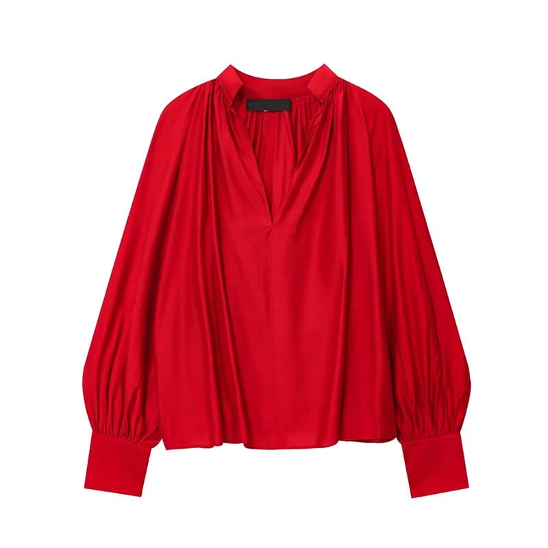 YENKYE 2025 Camicetta da donna nera rossa con scollo a V e maniche a lanterna Top autunnali larghi vintage