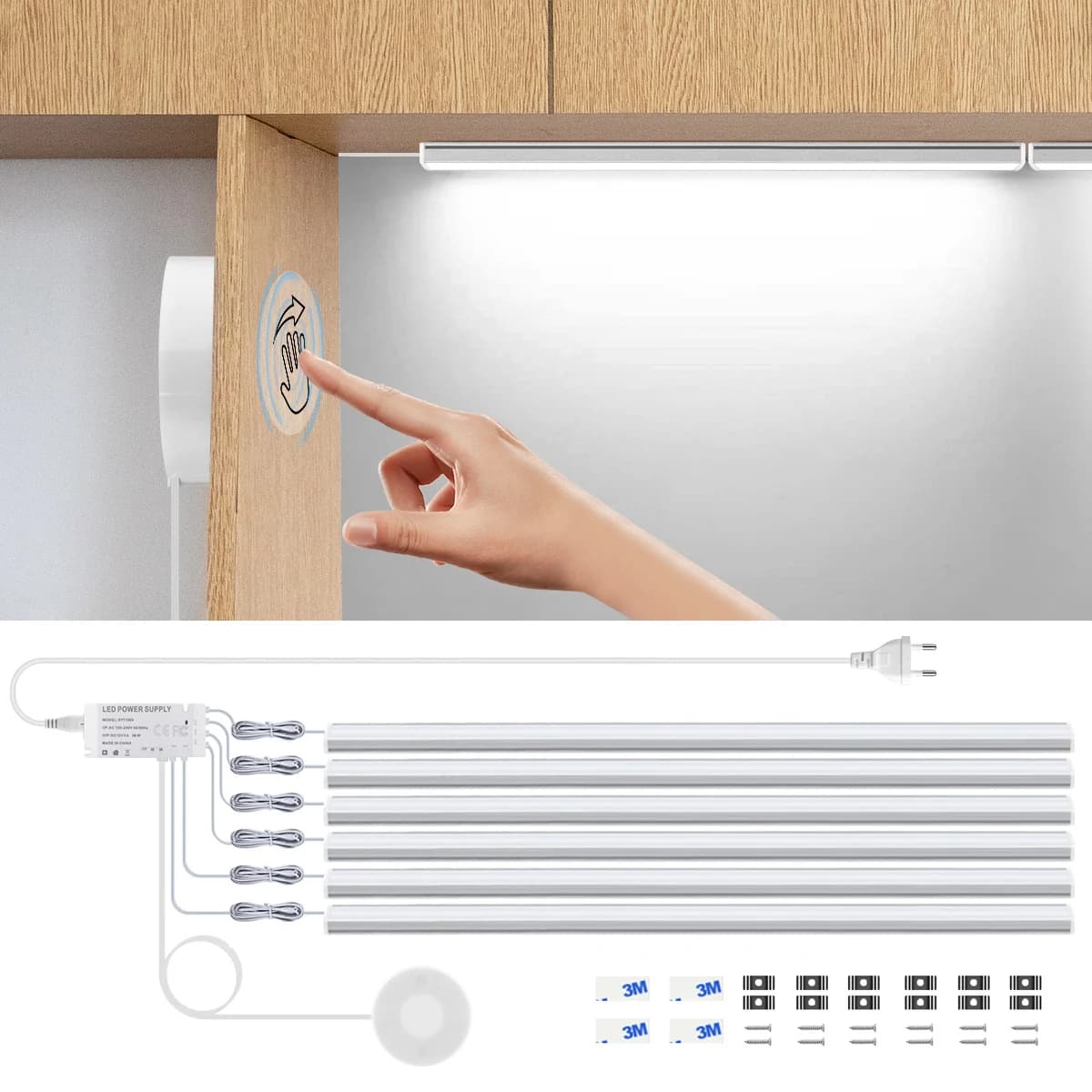 Interruttore di scansione manuale Sensore tattile in legno penetrabile Dimmerabile LED sotto l'armadio Lampada in alluminio Decorazione dell'armadio per la casa