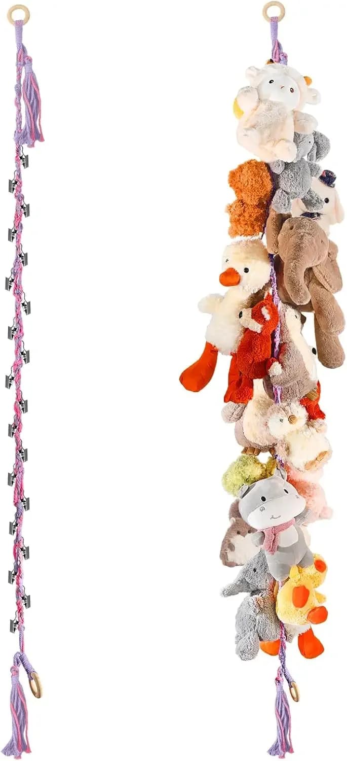 Catena portaoggetti in cotone da 80 pollici per peluche con 40 clip in metallo, organizer per angolo della parete, cameretta dei bambini, sala giochi