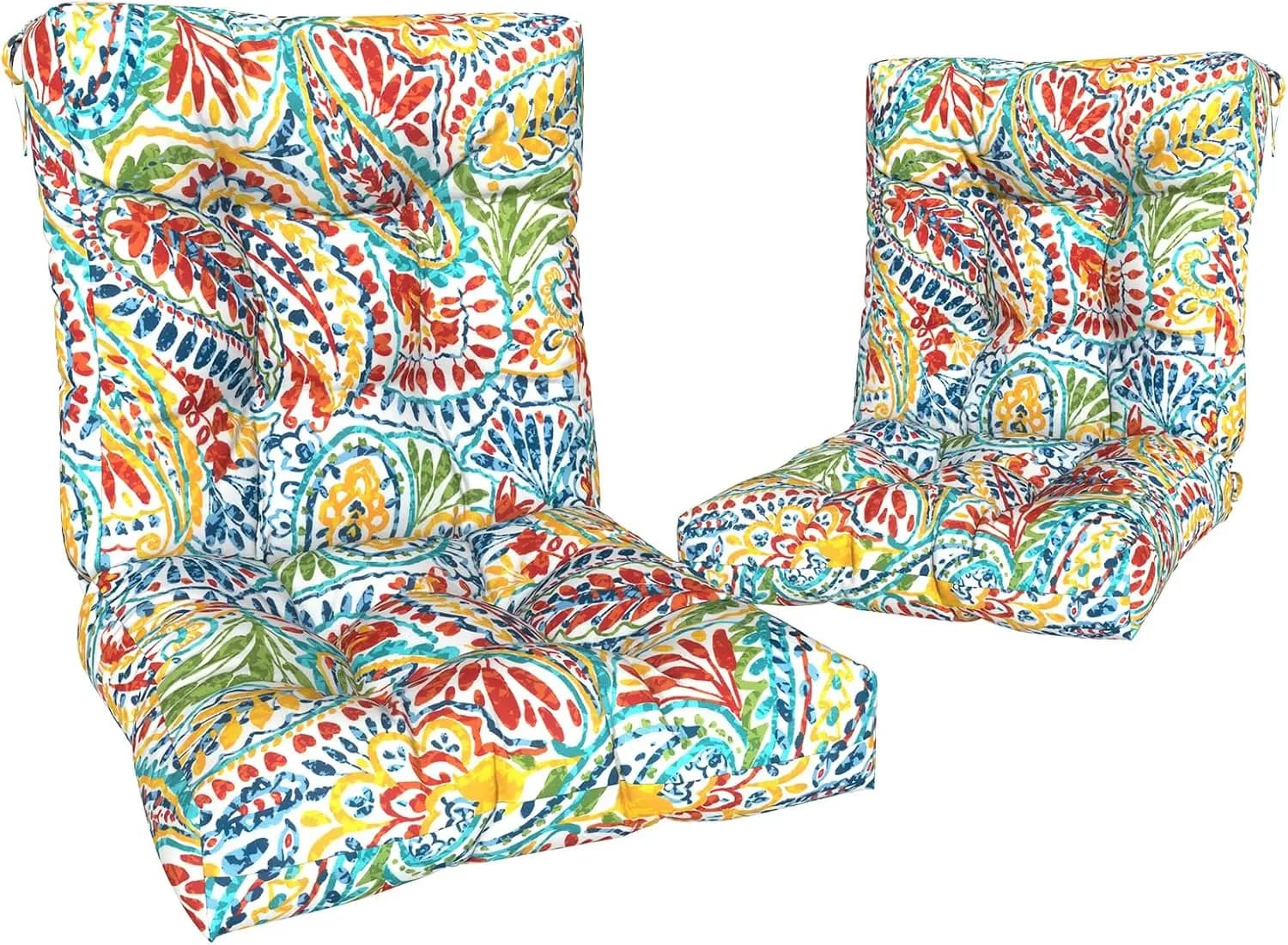 Set di 2 Cuscini per Sedie da Esterno, Idrorepellenti con Schienale Trapuntato per Arredamento da Giardino, Design Paisley Multicolore, 42x21x4 Pollici
