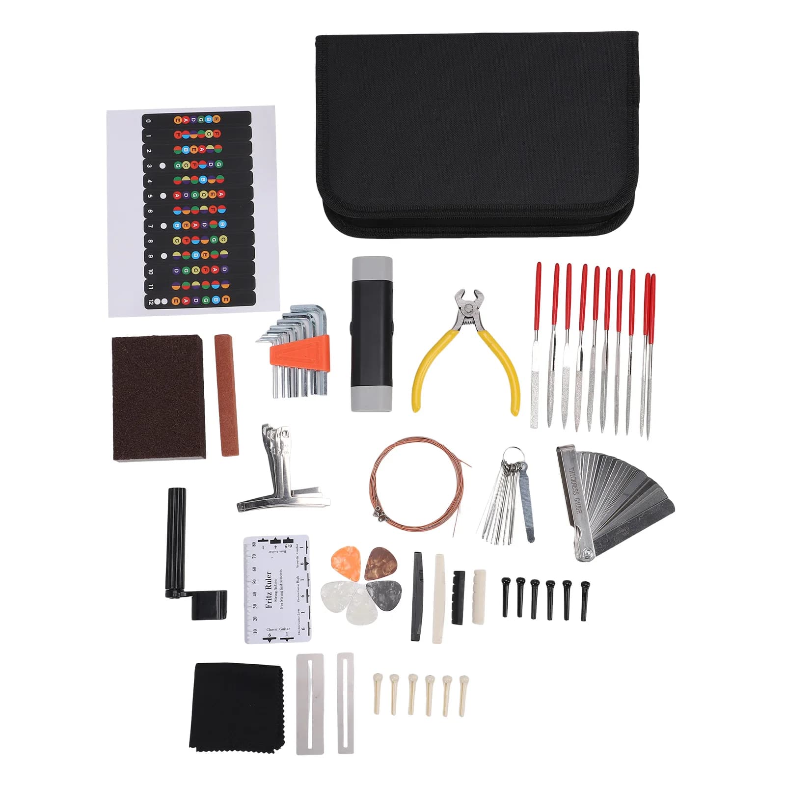 Kit di Riparazione per Chitarra da 72 Pezzi con Corde, Plettri, Custodia, Protezione Corde, Penna, Perni Ponte, Lima per Capotasto, Chiavi Esagonali per Chitarra