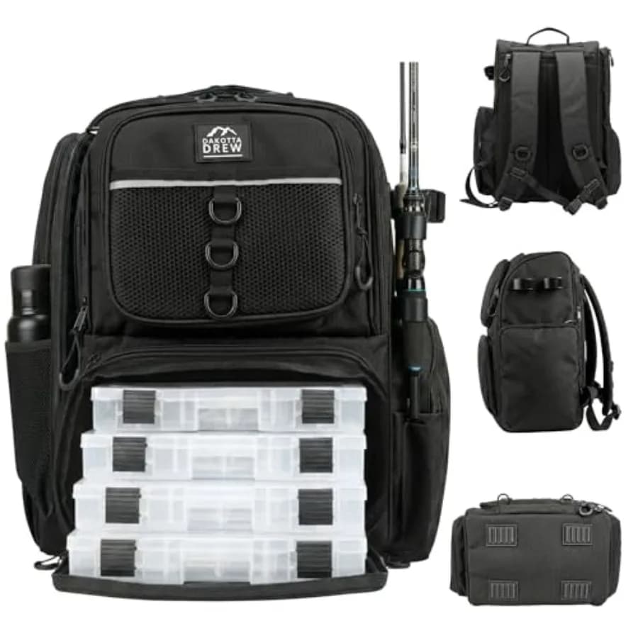Zaino da Pesca con Portacanne e 4 Scatole Porta Attrezzatura, Borsa Impermeabile Grande con 6 Tasche, Divisori Regolabili, Rinforzato
