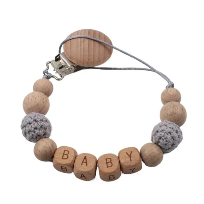 Portaciuccio per bambini in legno con nome personalizzato fatto a mano, portacatena con perline all'uncinetto