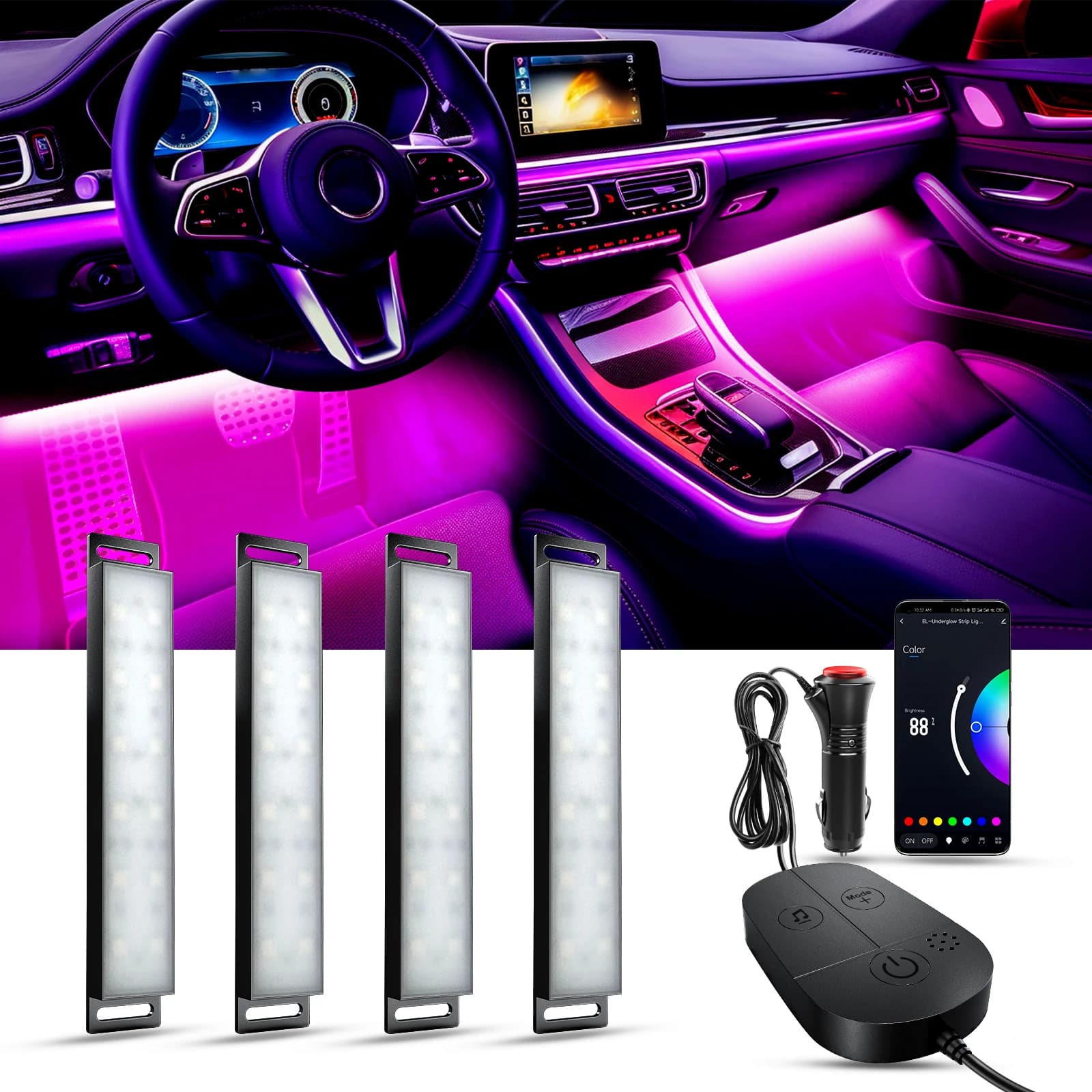 YiLaie Luci per interni per auto Luci intelligenti con controllo app Sincronizzazione musicale Barra luminosa a LED RGB Caricatore USB per accessori per auto