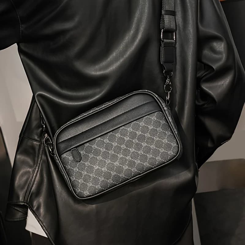 Men Classic Print PU Crossbody Camera Bag, Adjustable Wide Strap Small Shoulder Messenger Sling Bag for Daily Travel
