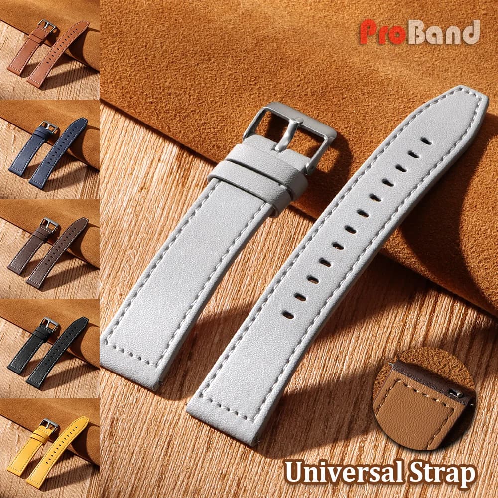 Handmade Flat Leather Strap 20mm 22mm Black Yellow Gray Universal Watch Straps Soft Business Smartwatch Band Men Women Accessory