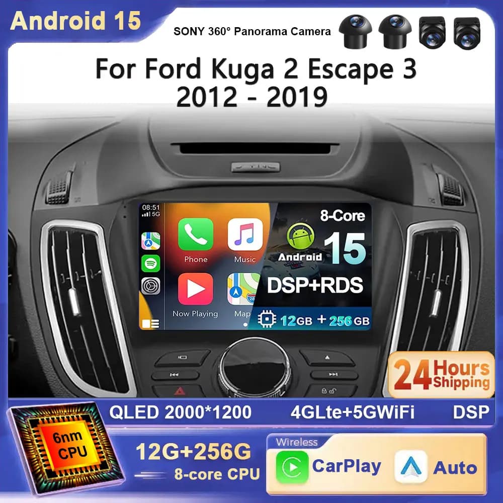Per Ford Kuga 2 Escape 3 2012-2019 Android 15 Auto Car Radio Senza Fili Carplay GPS Schermo di Navigazione Video Stereo 4G WIFI BT DSP