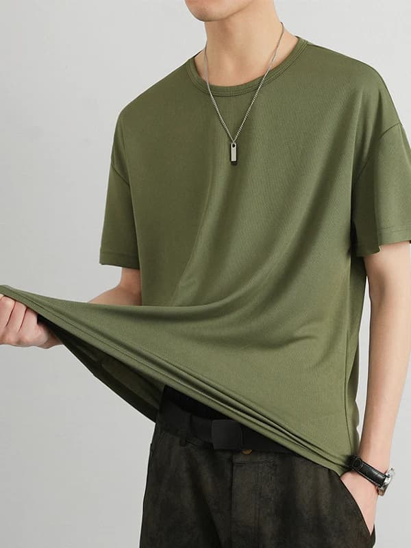 Men's Summer Thin Ice Silk Loose Short Sleeve T-Shirt Fashionable Color Breathable Casual round Neck Top for Youth