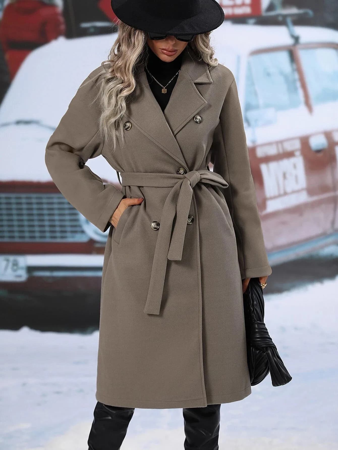Women's Coat in tweed, coat with twisted solid color, thick double-breasted coat, long coat with belt, warm coat and elegant slim fit, f coat
