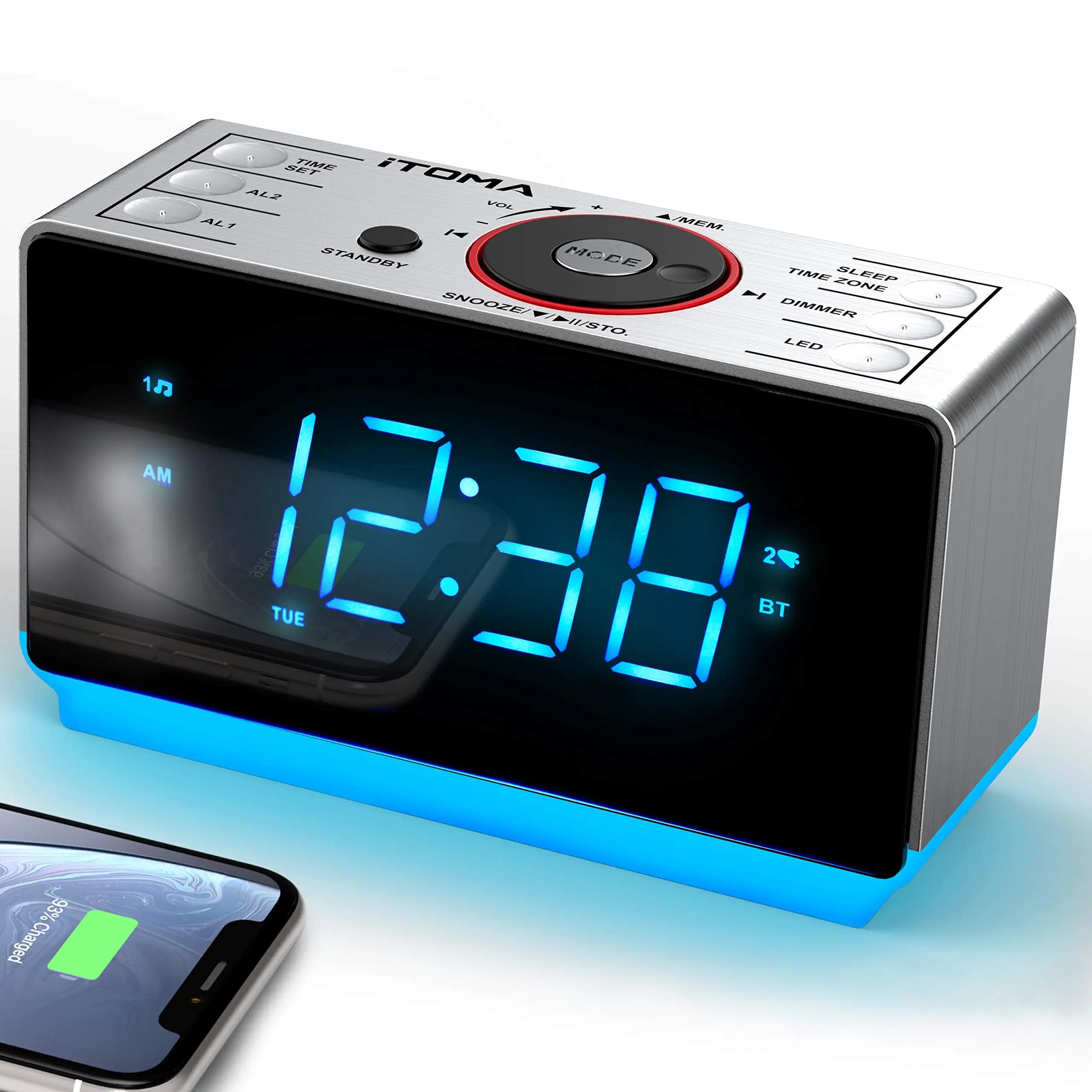Radiosveglia Digitale - Altoparlante Bluetooth, Radio FM, Doppio Allarme con Funzione Snooze, Ampio Display LED con Dimmer, Ingresso per Cuffie