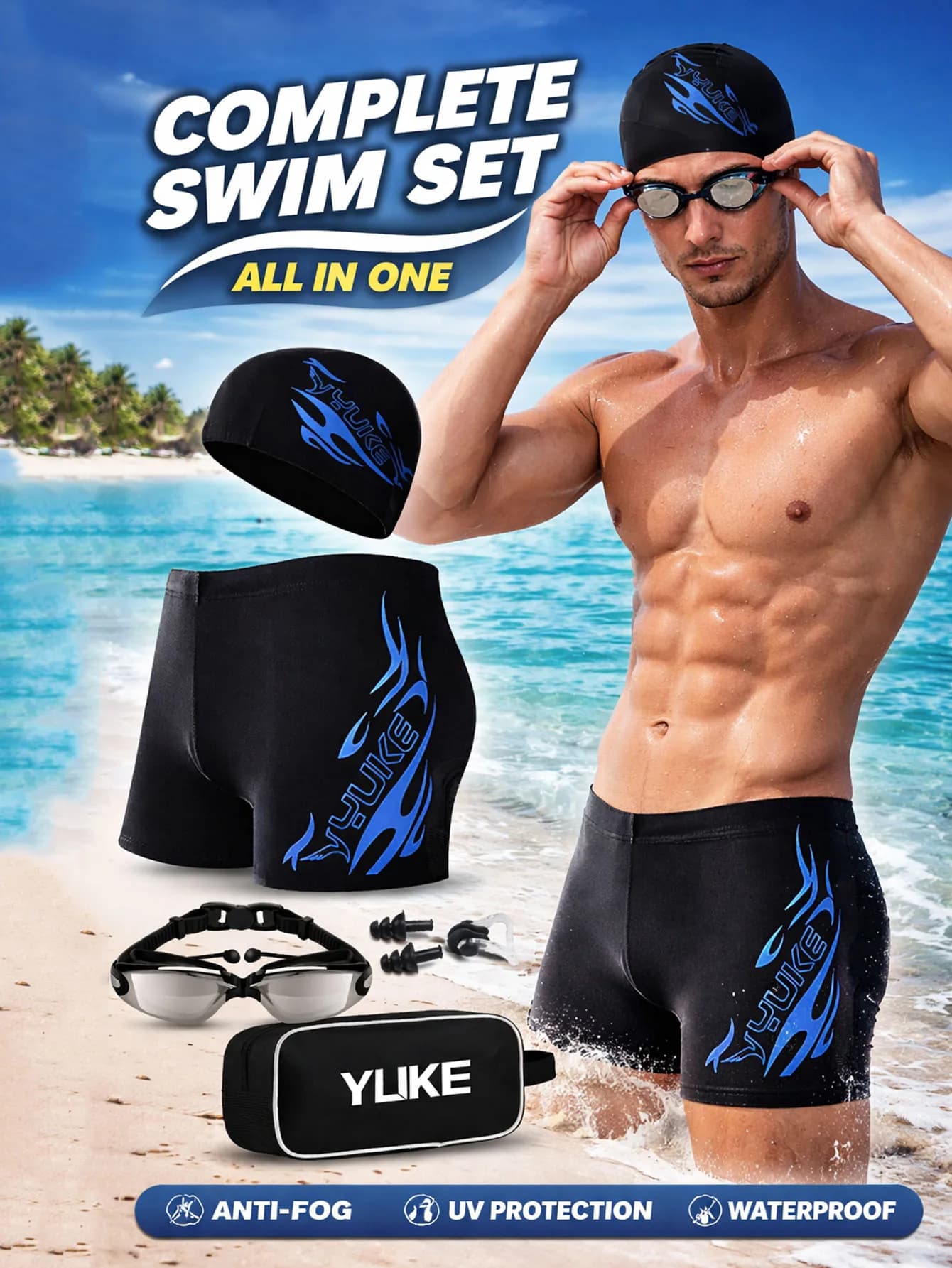 Set da Nuoto Tutto in Uno per Uomo: Costume, Occhialini Antiappannamento UV, Cuffia da Nuoto, Tappi per Orecchie, Clip Nasale, Borsa Portaoggetti per Piscina e Spiaggia