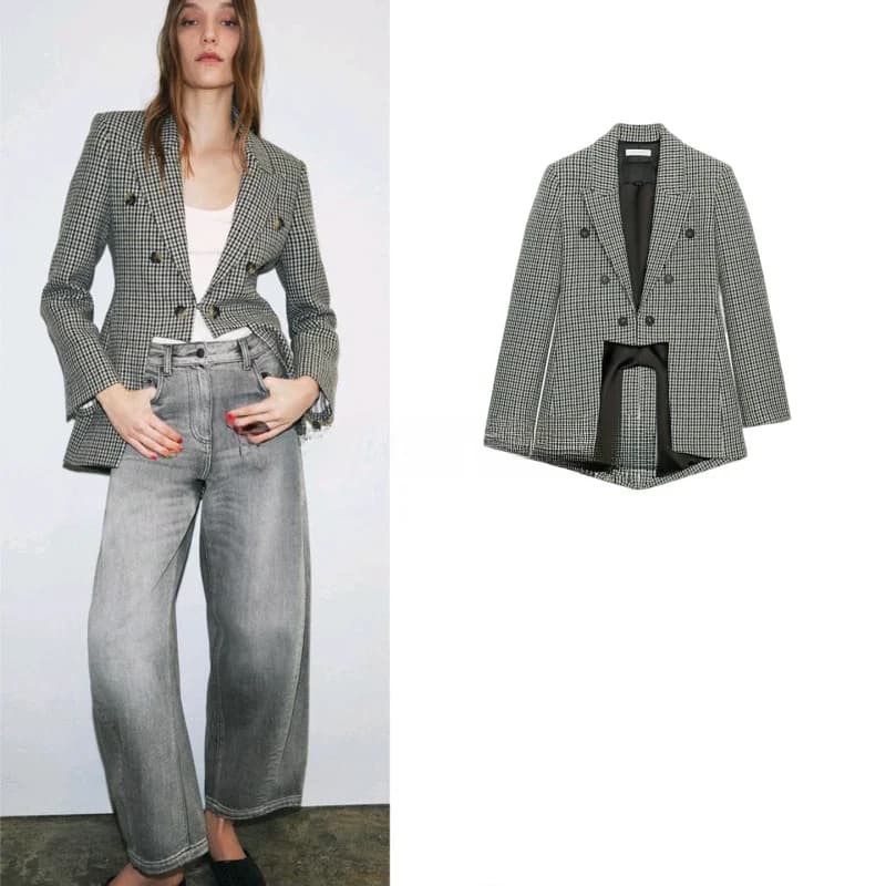 Nuova Collezione Primaverile: Giacca da Donna a Quadri con Maniche Lunghe, Colletto a Risvolto, Pantaloni a Zampa e Orlo Asimmetrico