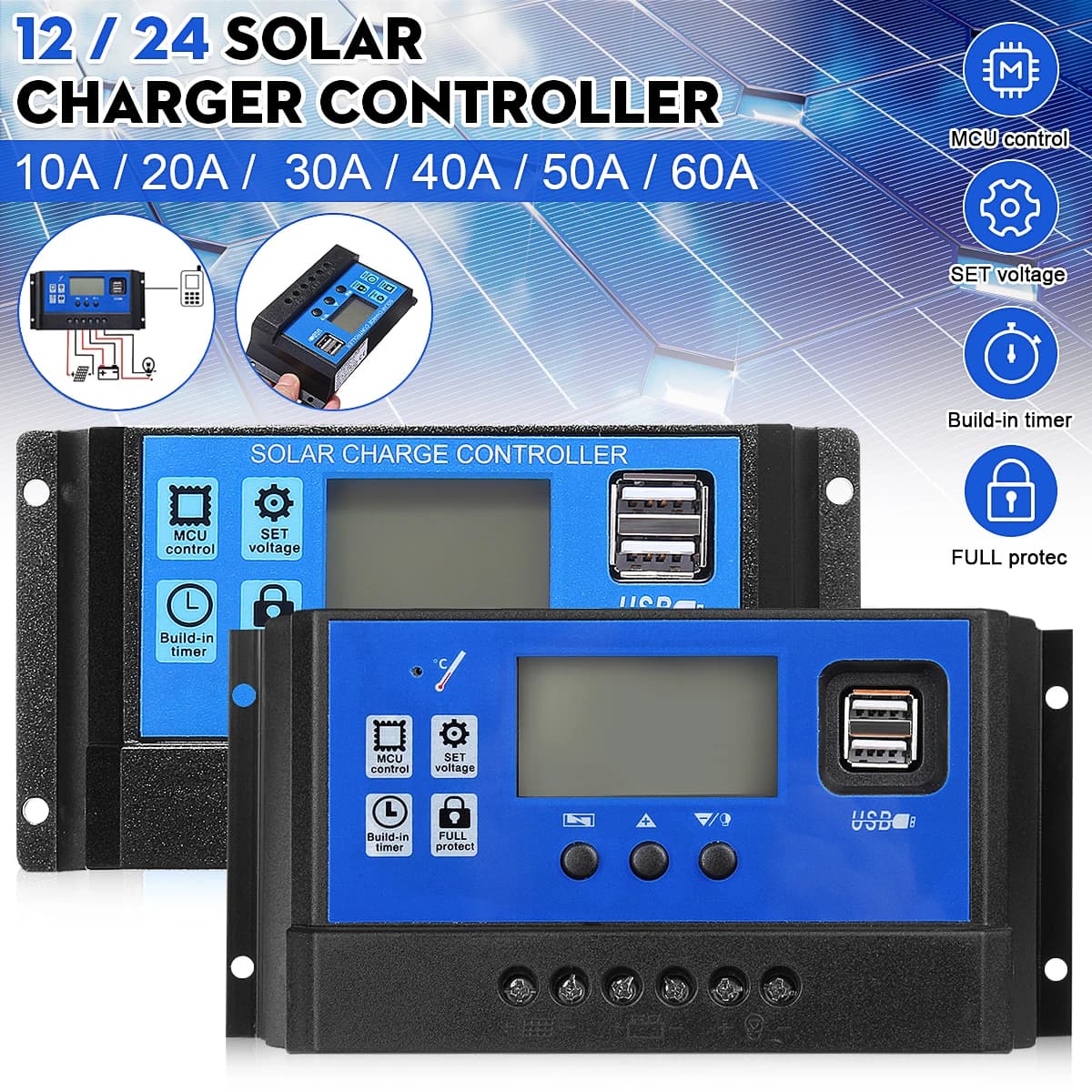 10/20/30/40/50/60/100A PWM regolatore di carica e scarica solare Display LCD Dual USB Auto pannello solare caricatore regolatore