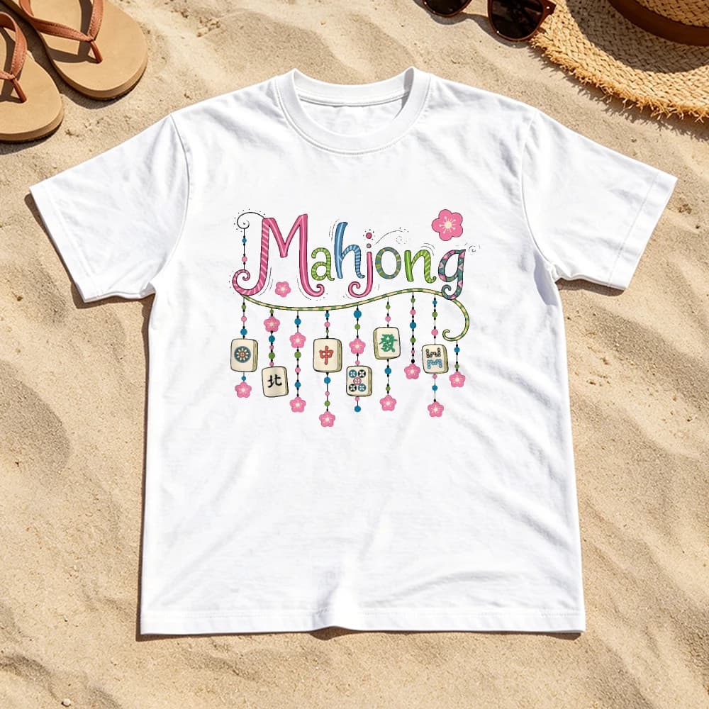 Cute Mahjong Tile Graphic T Shirt Colorful Bubble Letter Cherry Blossom Prin Casual Streetwear Top Mahjong Player Gift
