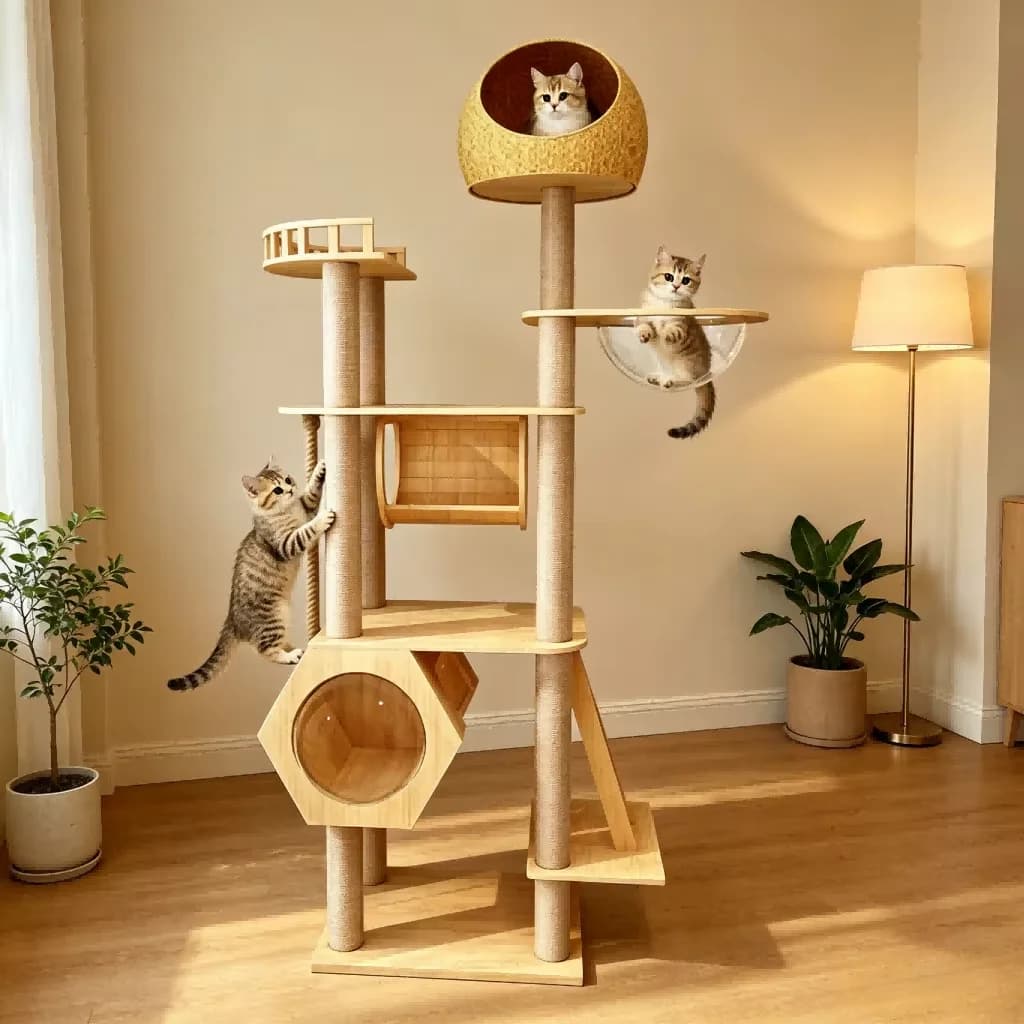 Original Luxury Wooden Cat Tree with Transparent Space Capsule, Multi-Level Cat Playground & Scratching Posts