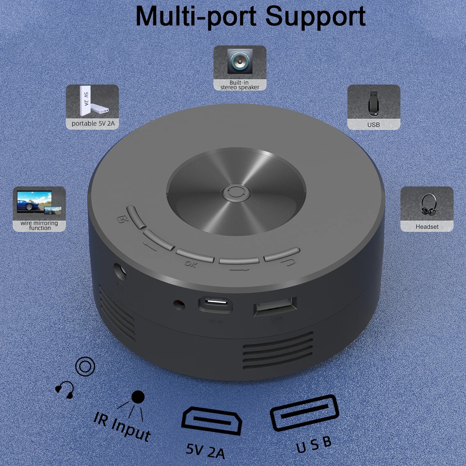Proiettore YT200 portatile per home theater, piccolo proiettore per l'intrattenimento domestico, può essere collegato al telefono, supporta l'alimentazione mobile 5V2A.