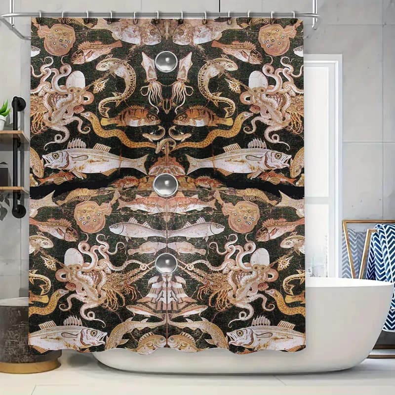 Tenda da doccia unica con stampa di vita subacquea, design rustico di pesci polpo per l'arredamento del bagno, tessuto impermeabile premium con metallo H