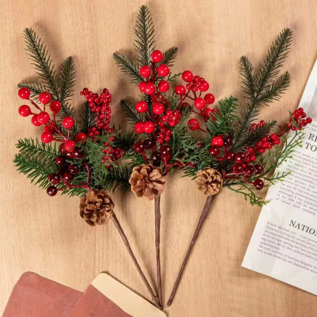 Artificial Plants Red Fruit Branch Christmas Tree New Year Home Vase Table Decoration Outdoor Garden Bonsai Wedding DIY Gift Box