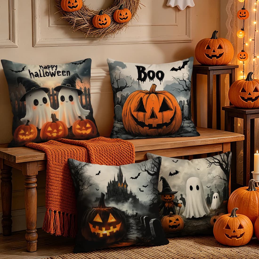 1pcs/4pcs Halloween Theme Cushions Pillowcase Polyester Cushion Cover Throw Pillow Pillowcover Home Car Sofa Decor