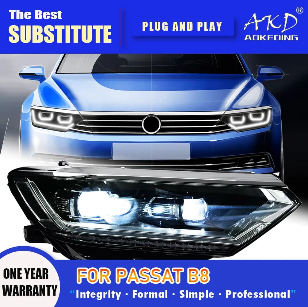 AKD Lampada frontale per VW Passat B8 Faro LED 2016-2019 Fari B8 DRL Indicatori di direzione Abbaglianti Angelo Occhio Lente del proiettore