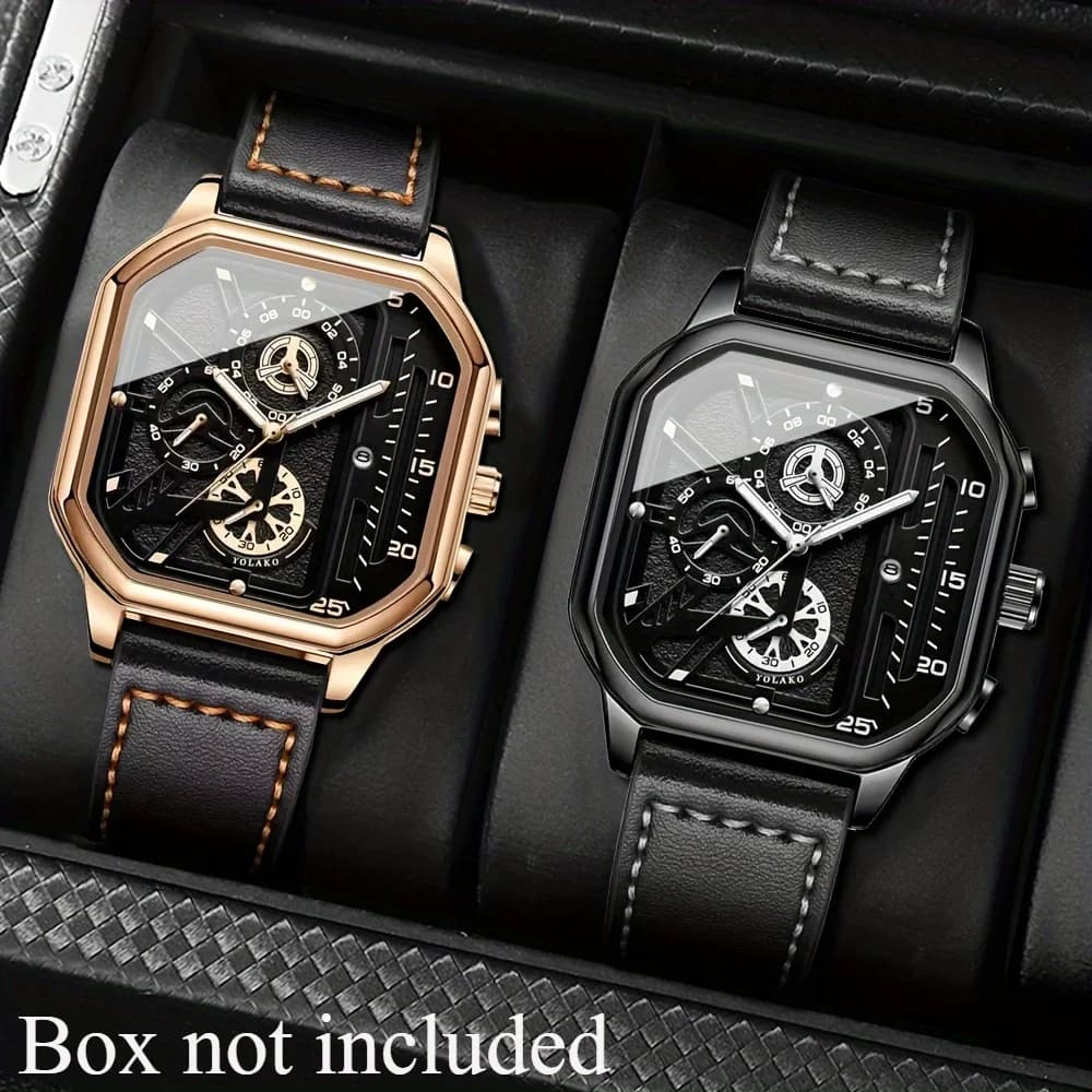 Luxury men's quartz watches set with 2-piece leather strap with calendar: perfect gift for school, graduation, men's gift
