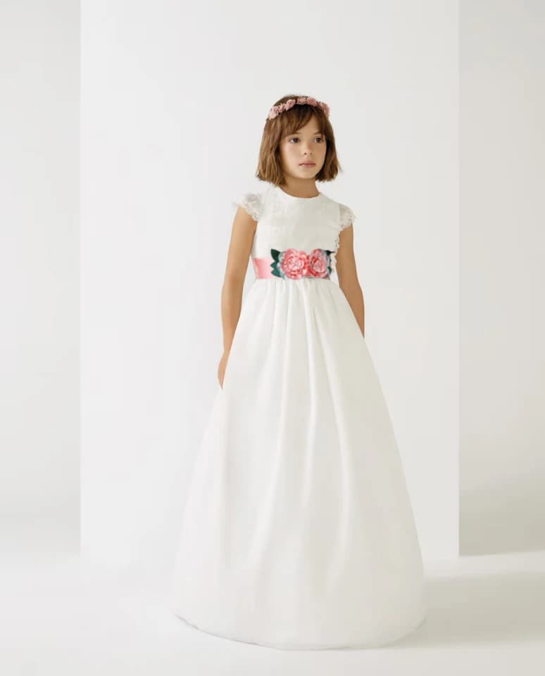 Elegant Princess Dress in Flower Girl Tulle, Wedding Dress, Children's Party Dance Dress, Design With Pink Floral Belt, Casual Lace Style
