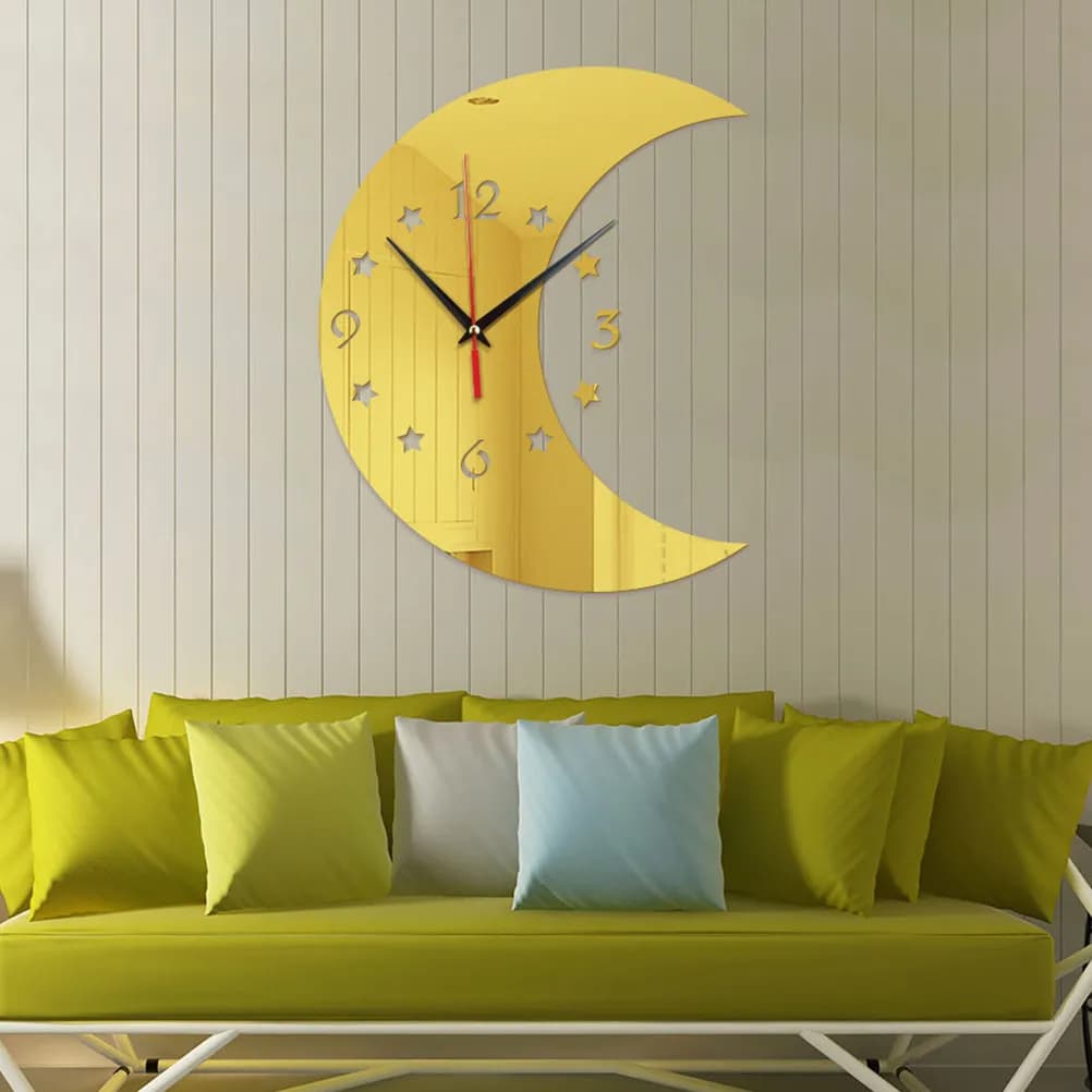 1Pcs Mirror Surface Hanging Clock Moon Star Theme Silent Accurate Wall Clock for Living Room Bedroom Office Restaurant Ktv Home