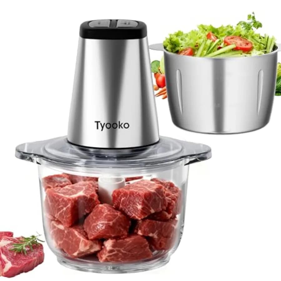 Robot da Cucina Elettrico con 2 Contenitori, 8 Tazze in Acciaio Inox + 8 Tazze in Vetro per Frutta, Carne, Noci, Pesce, Verdure, Alimenti per Animali Domestici