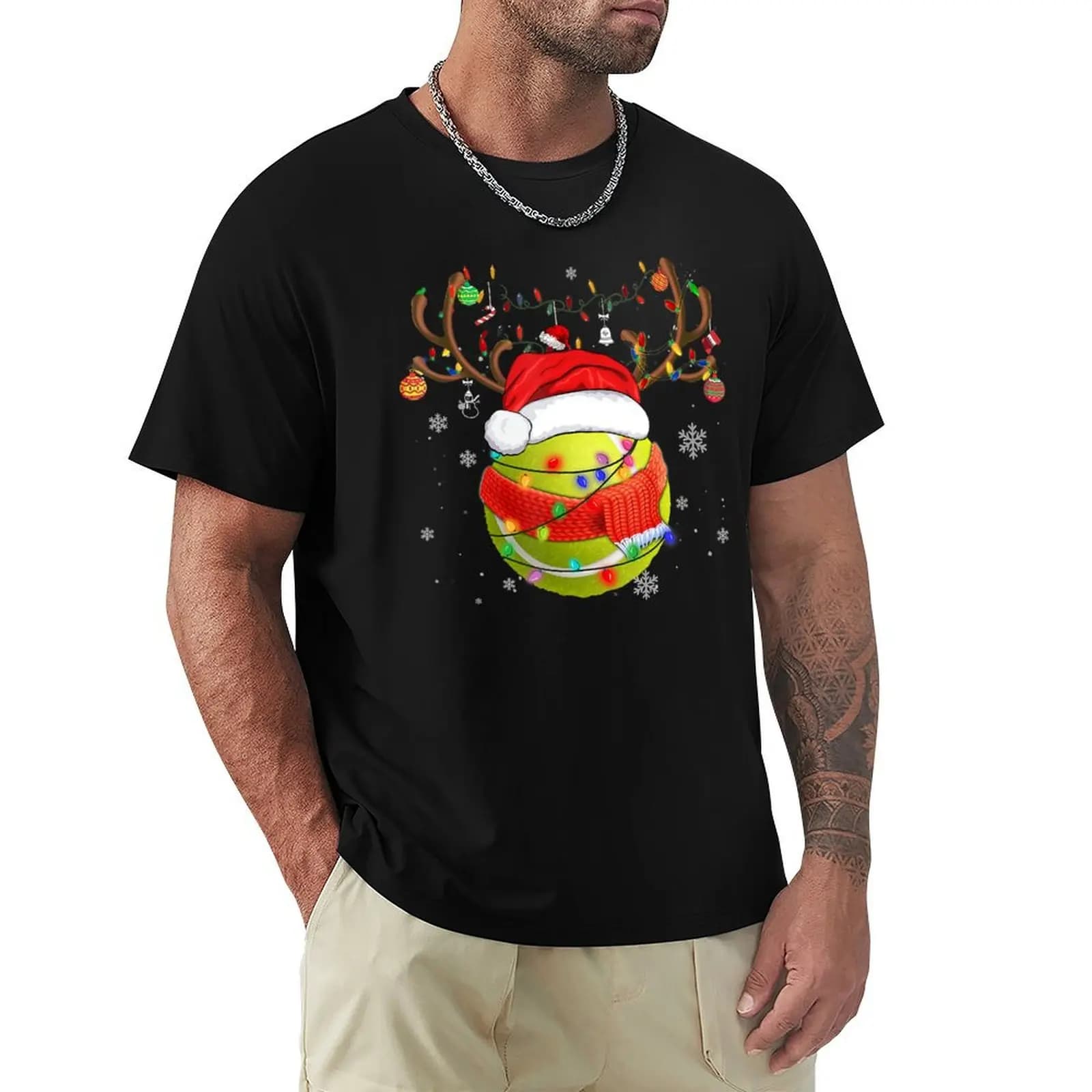 Christmas Tennis Ball Santa Hat Funny Xmas Pajama Matching T-Shirt All Match Print Short Sleeve Top