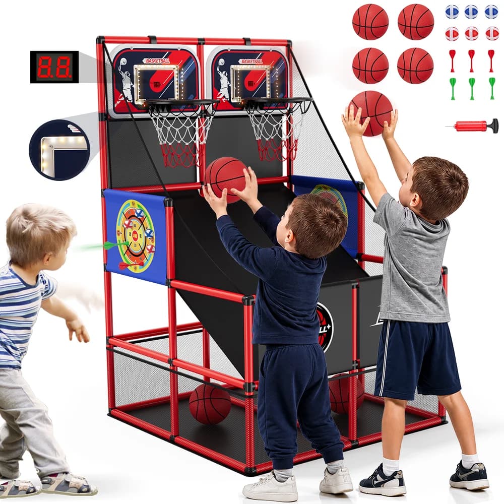 2 in 1 Dual Shot Basketball Arcade Game with 2 Dart Boards/Electronic Scoreboard/LED Light, Kids Basketball Hoop for Home Indoor Outdoor, Sport Toys for Boys Girls Birthday/Christmas/Halloween Gifts.