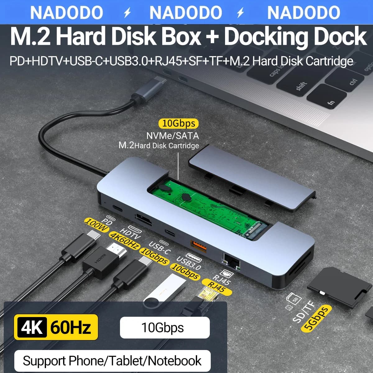 Hub USB C 8 in 1 e custodia SSD M.2 Supporto NVME e SATA, con 4K HD, USB 3.0, PD 100 W, RJ45 1000 M, lettore SD/TF per laptop MacBook PC