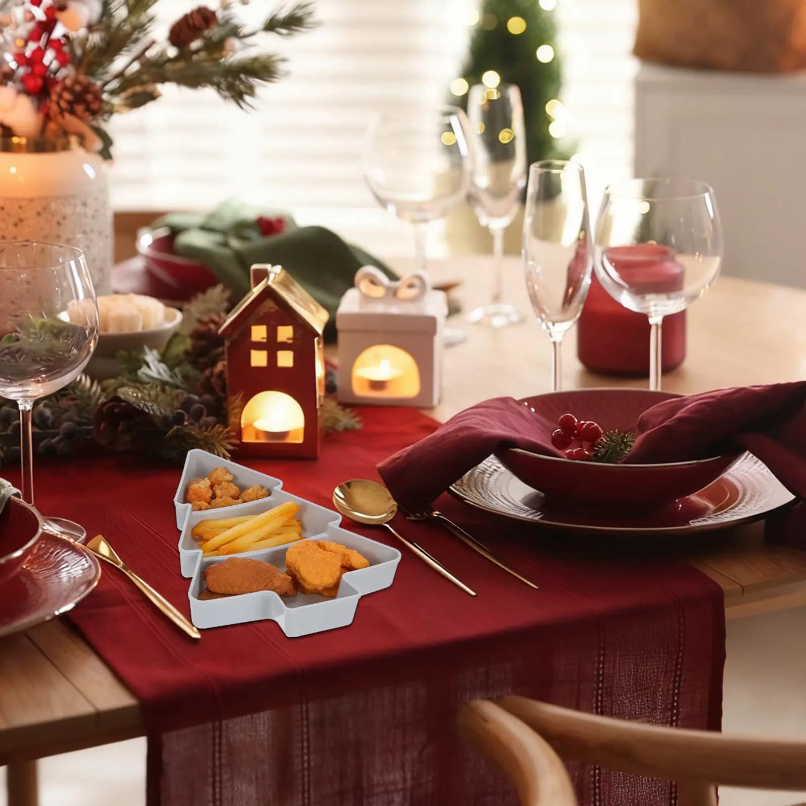 Set di 2 Piatti a Forma di Albero di Natale, Vassoio in Plastica a 3 Scomparti per Noci, Frutta Secca, Antipasti, Dessert, Servizio per Feste Natalizie