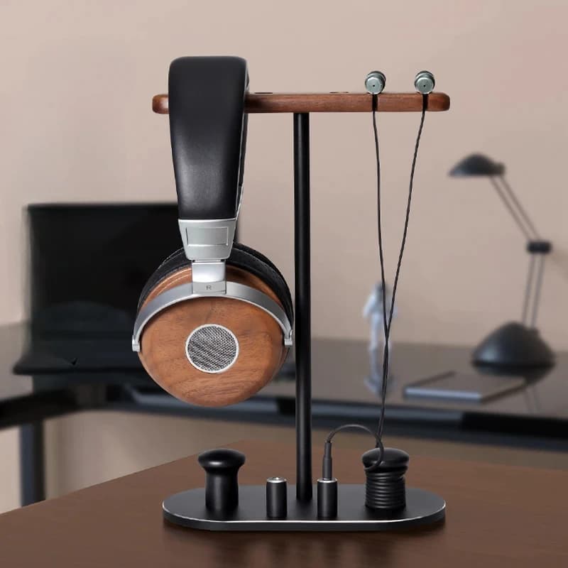 Supporto per cuffie in lega di alluminio e noce Supporto per cuffie Bluetooth e cablato con base stabile per l'organizzazione della scrivania