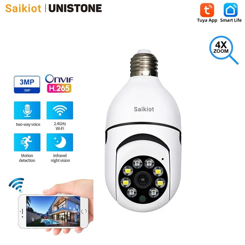 Saikiot Lampadina Telecamera Tuya Smart E27 Presa 2MP 3MP Doppia Luce WIFI Interno Audio Bidirezionale Baby Monitor Telecamera Lampadina da 360 Gradi