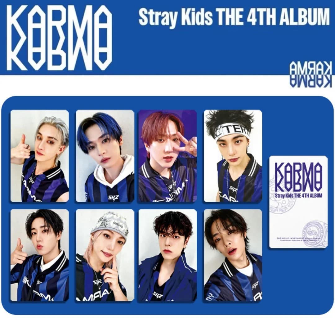 Carta autografata dell'album 'KARMA' dei Stray Kids, merchandise ufficiale dello stesso stile di Hwang Hyun-chin e Lee Yong-bok, supporta mini ca