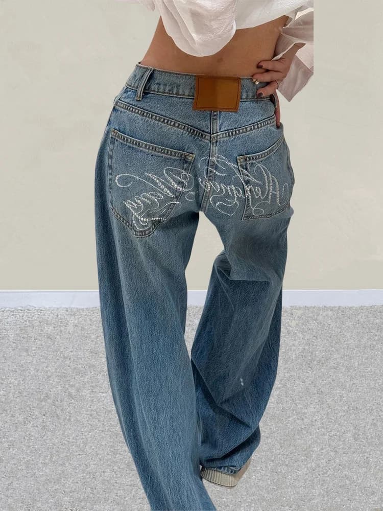 2025 Ropa Y2K Stile Lettera Hot Fix Strass Baggy Jeans impilati Pantaloni per abbigliamento donna Pantaloni di jeans da donna a gamba larga di lusso