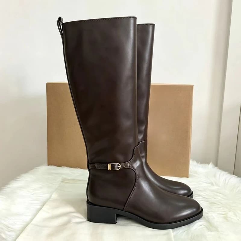 New Vintage Soft Leather Knee Boots Women Round Toe Belt Buckle Brown Chunky Designer Boot Comfort Waterproof Platform Boots