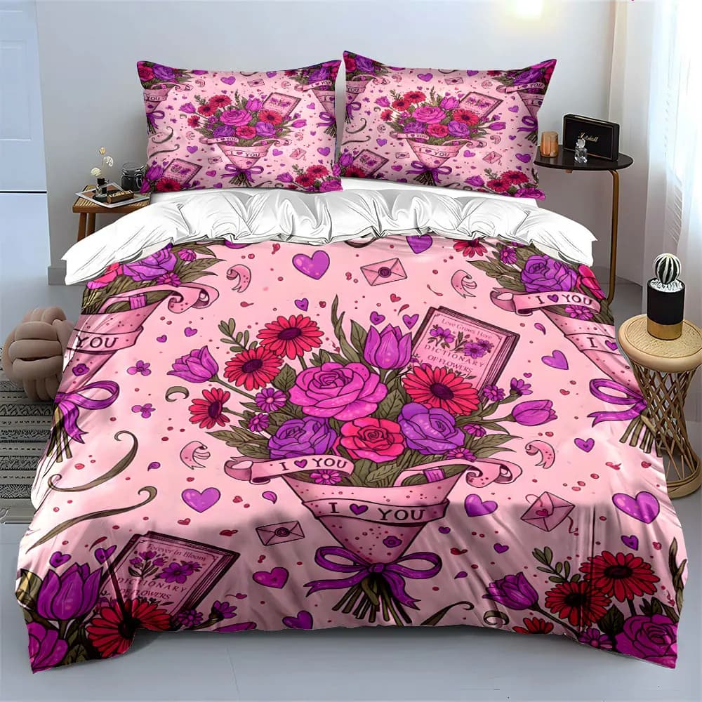 Set Regalo Romantico Floreale, Set Biancheria da Letto con 1 Copripiumino e 2 Federe, Singolo, Matrimoniale, King, Queen, Regalo