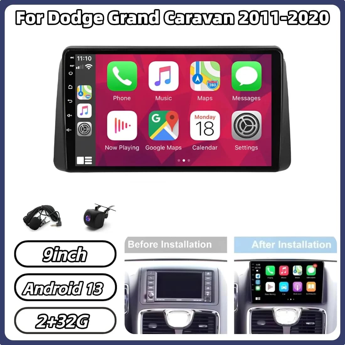 Autoradio Android 13 da 9 pollici 2+32G con GPS per Grand Caravan 2011-2020, compatibile con Carplay e Android Auto, Bluetooth e WiFi