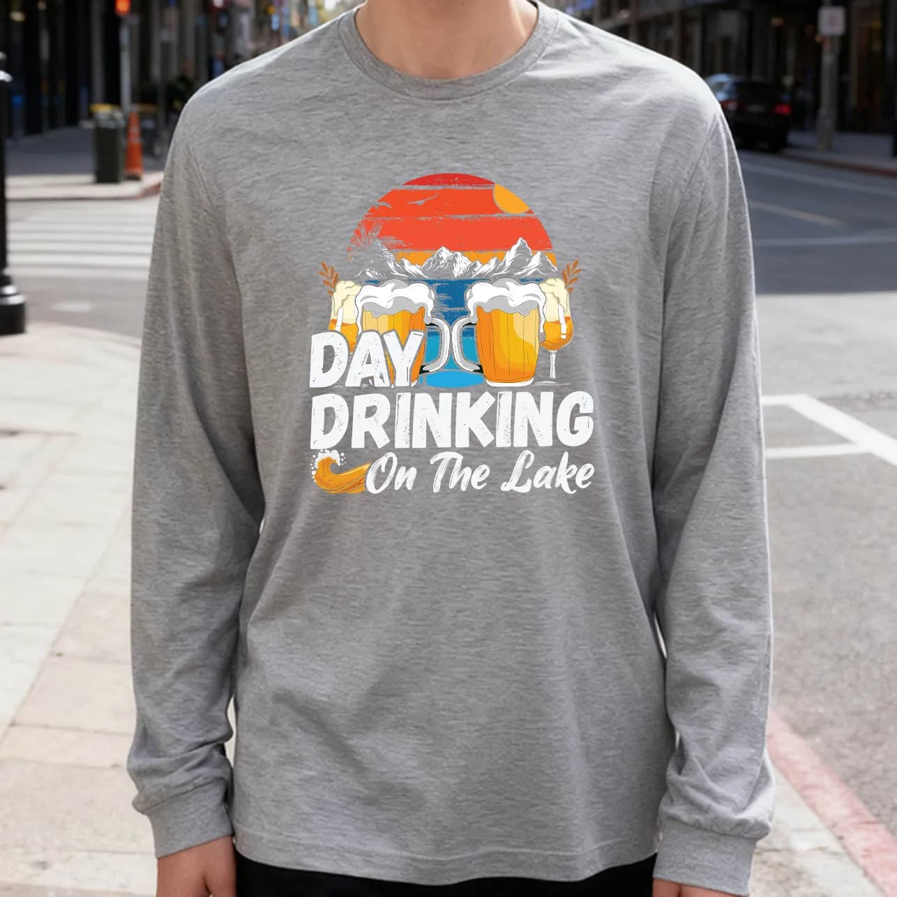 Men's Long Sleeved T-shirt Day Drinking on the Lake 180 g 100% cotton casual printed crew neck to wear every day soft and breathable