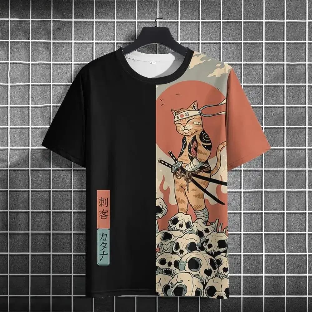 Japanese Art Warrior Kitten Printed T Shirts Men Women O Neck Short Sleeves Casual Streetwear Summer Clothing