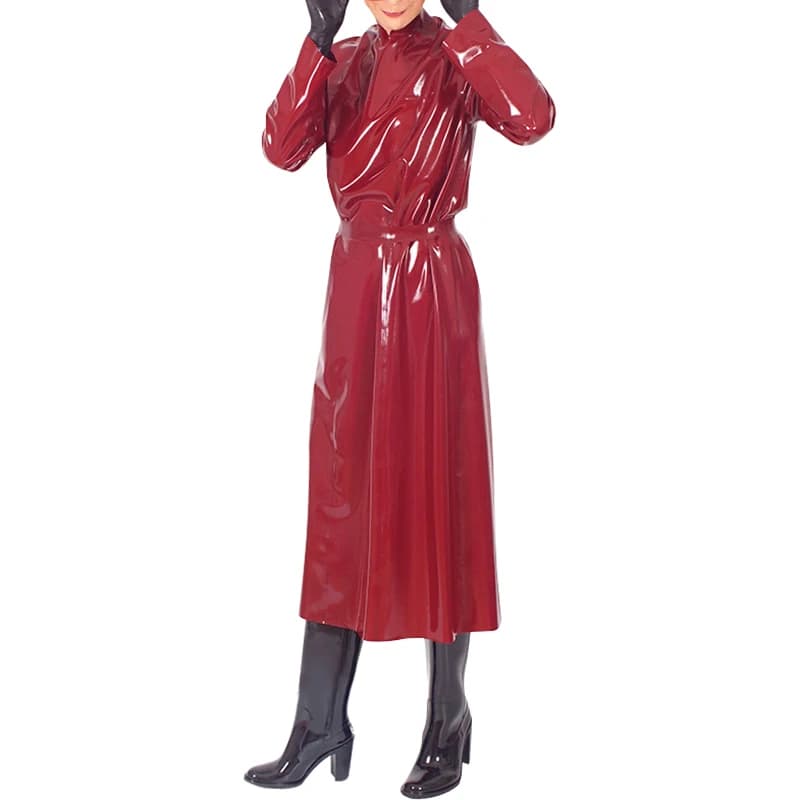 Cappotto in lattice rosso sexy con cintura e bottoni sul retro Camicia da notte in gomma Camicia da notte Giacca Veste Lunghezza polpaccio YF-0411