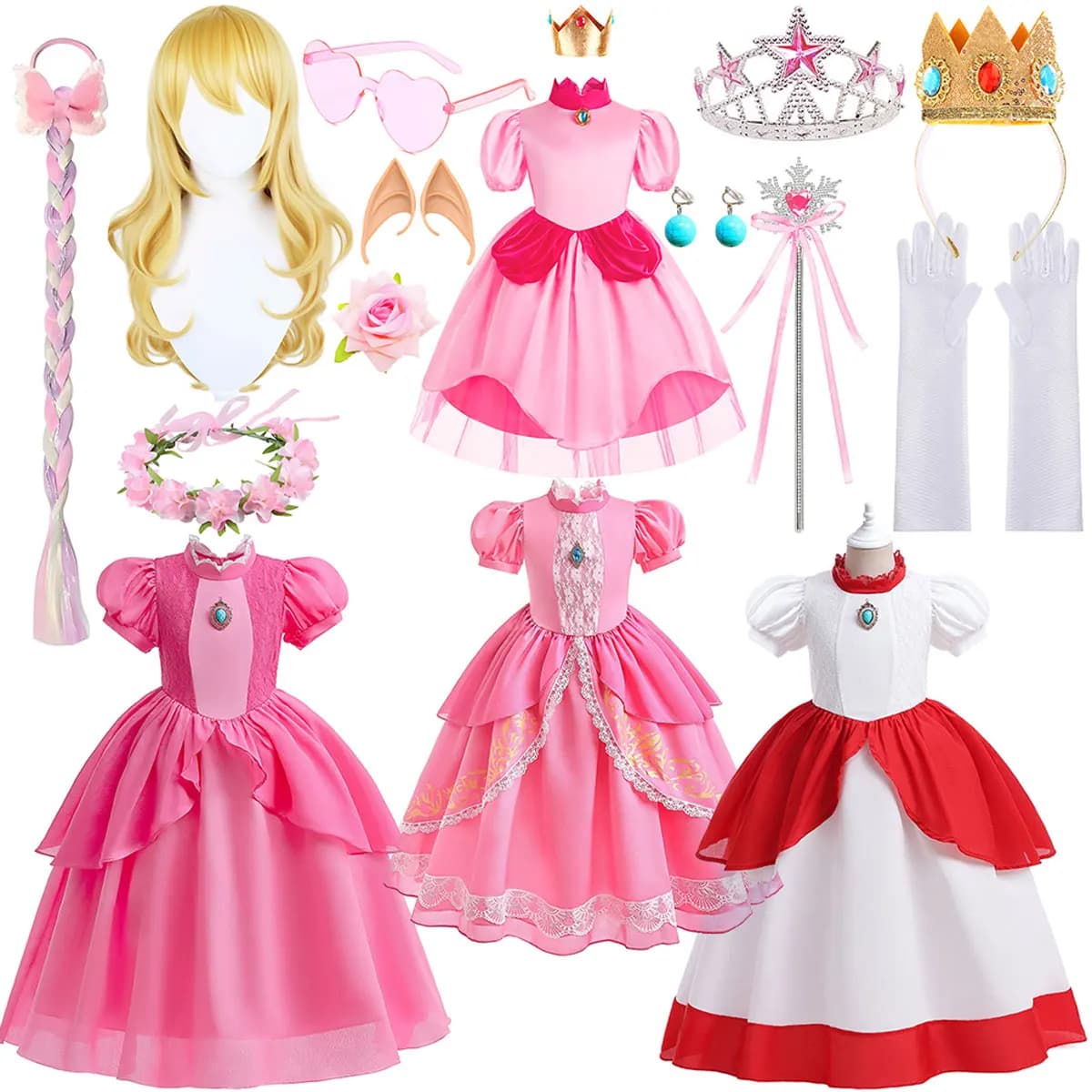 Costume da Principessa Peach di Super Bros 2026, Abito Rosa a Maniche Corte per Cosplay, Set di Vestiti e Accessori per Feste di Halloween