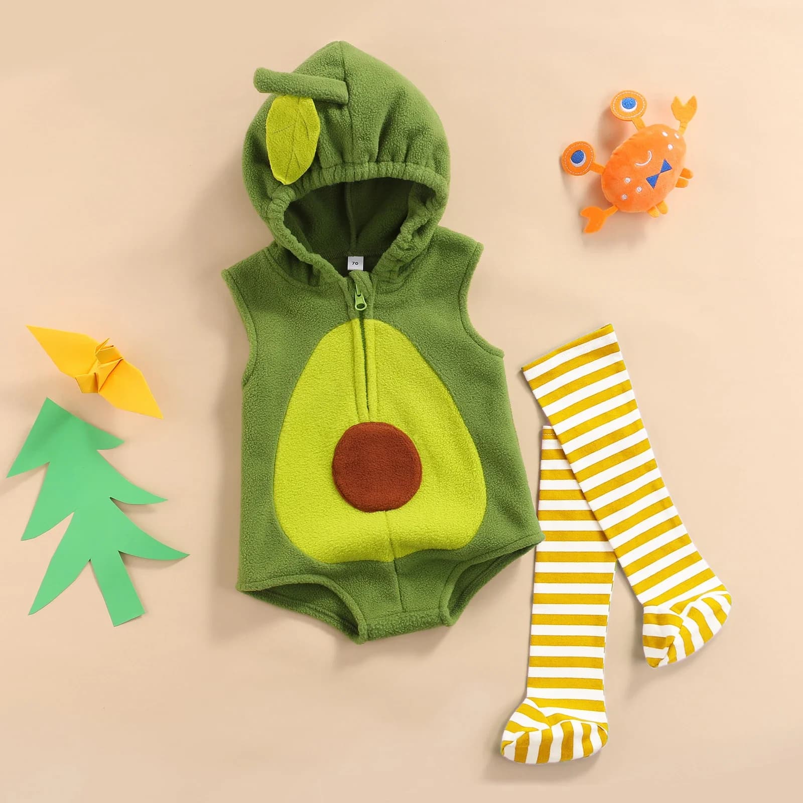 VISgogo Neonate Ragazzi 2 pezzi Pagliaccetto di Halloween Vestiti Avocado Senza maniche Cerniera Tute con cappuccio + Calze a righe Abiti