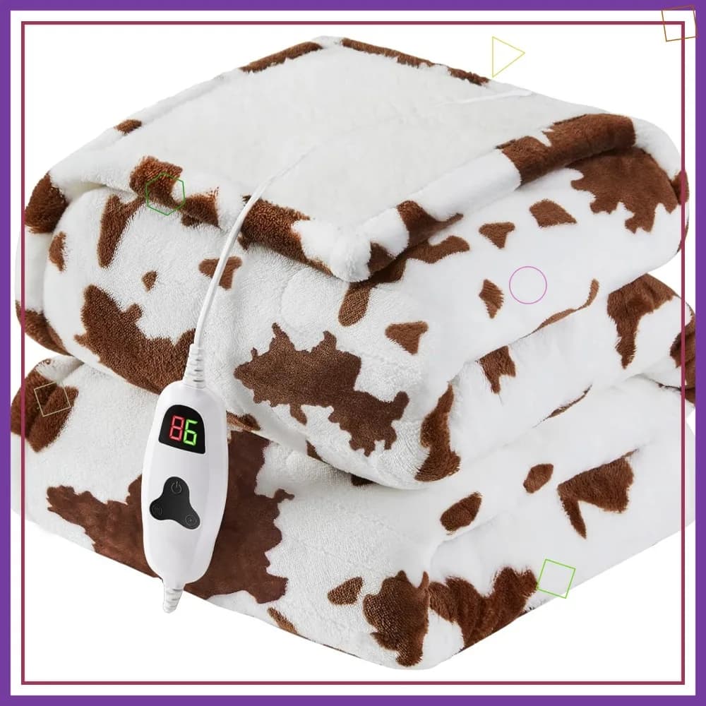 Coperta Elettrica Riscaldata con Stampa Mucca Marrone, Misura Singola 62X84, 10 Livelli di Calore e Spegnimento Automatico, Lavabile, in Pile, per Adulti