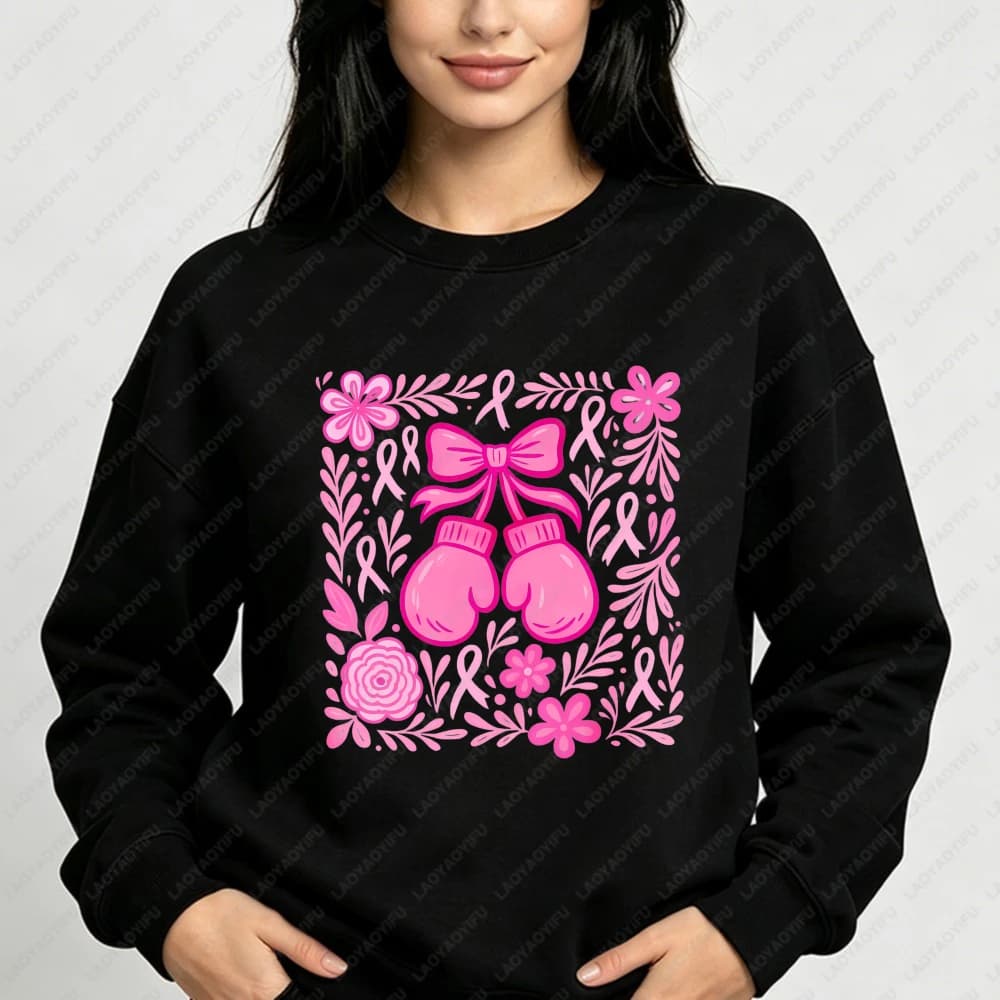 Boho Floral Breast Cancer Sweatshirt Fight Breast Cancer Pullovers Breast Cancer Awareness Pink Ribbon Boxing Gloves Hoodies